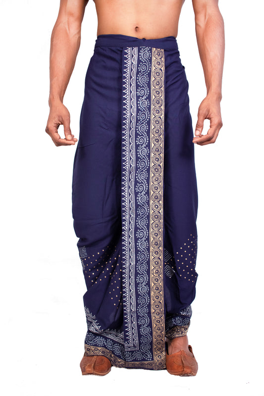 Nakshi Rayon 12330 Navy Blue 100% Hand Block Print Dhoti For Men