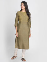 Load image into Gallery viewer, Nakshi Women Olive Green Solid A-Line Kurti
