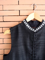 Load image into Gallery viewer, Nakshi Black Coloured Hand Embroided Dupion Silk Women&#39;s Nehru Jacket With Pockets &amp; Lining Details
