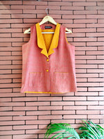 Load image into Gallery viewer, Nakshi Peach &amp; Yellow Cotton Lining Women&#39;s Sleeveless jacket With Front Pocket Details
