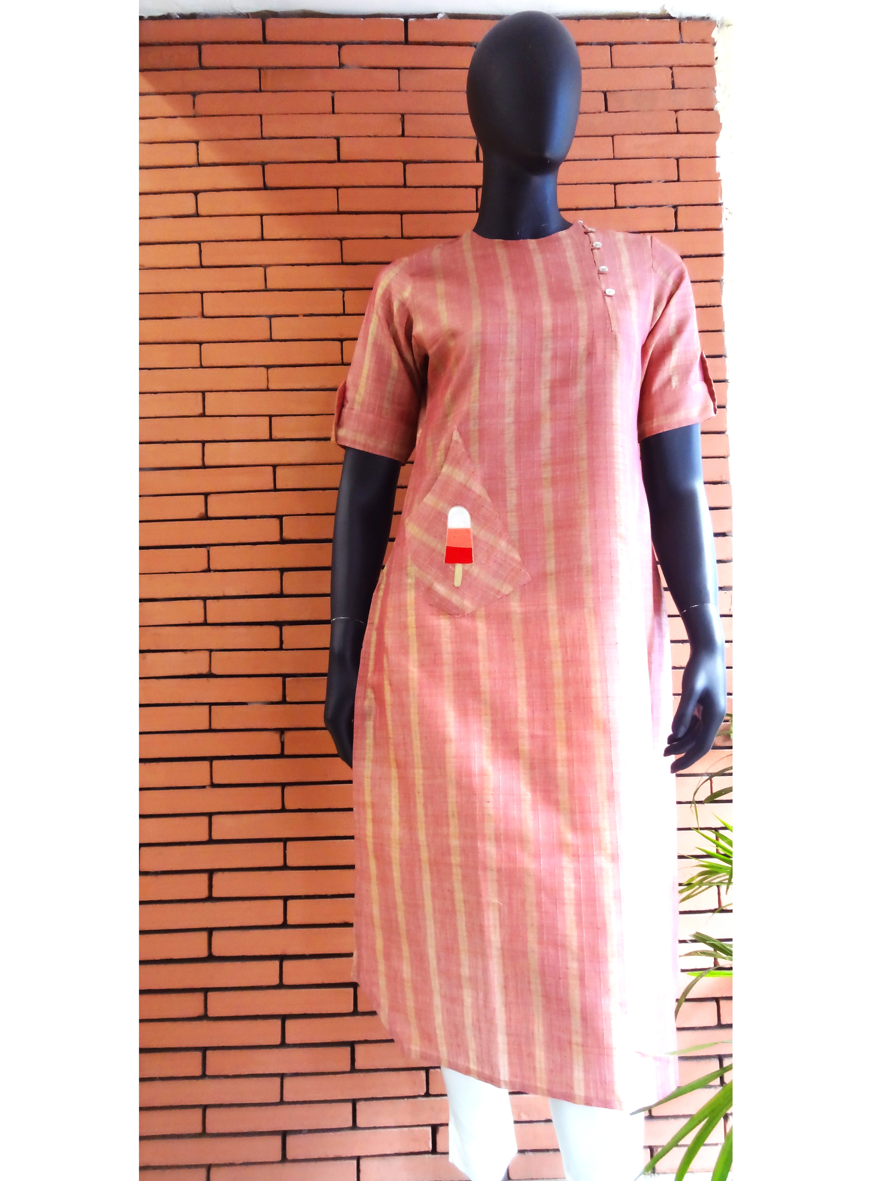 Nakshi Strawberry Self Weave Striped Cotton Embroidery Women's kurti