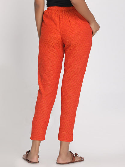 Nakshi 100% Cotton Orange Self Designed Cropped Pant