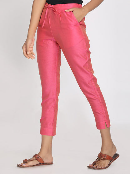 Nakshi Pure Chanderi Pink Solid Cropped Pant