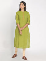 Load image into Gallery viewer, Nakshi 100% Cotton Green Self Design Slited Sleeves Long Kurti

