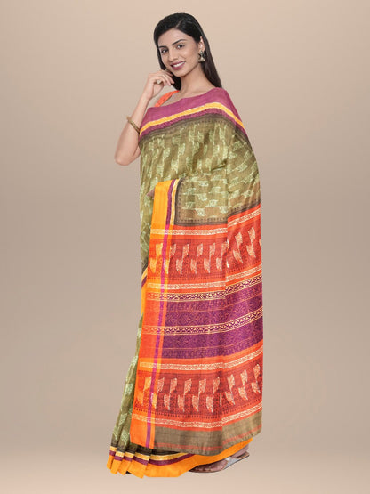 Nakshi Multicolour Cotton Hand Woven & Hand Block Printed Saree