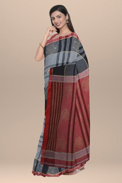 Nakshi Cotton Handwoven Checks & Hand Block Printed Saree
