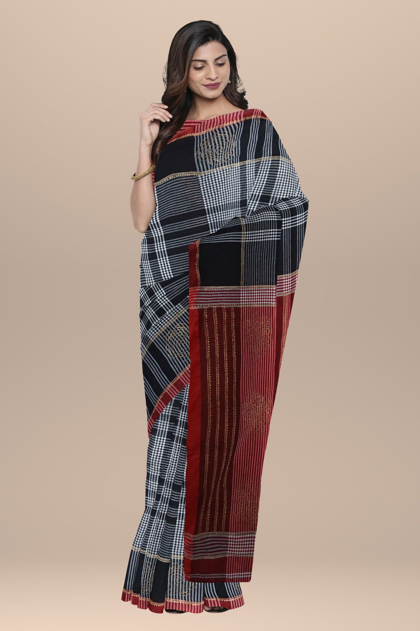 Nakshi Cotton Handwoven Checks & Hand Block Printed Saree