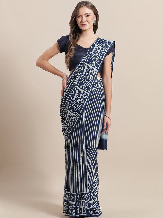 Nakshi Navy Blue & White Striped Block Printed Cotton Saree