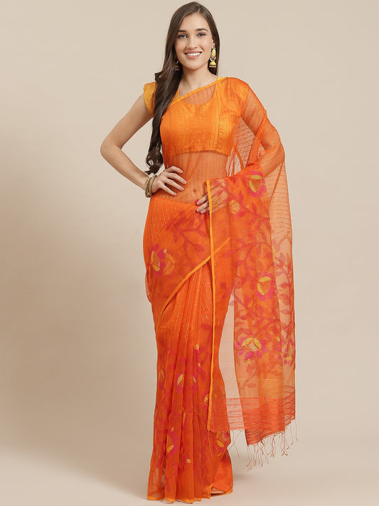 Nakshi Orange Woven Design Pure Cotton Handloom Saree With Sequins Detail