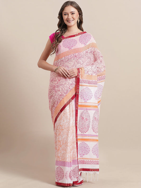Nakshi White & Pink Hand Block Printed Cotton Saree