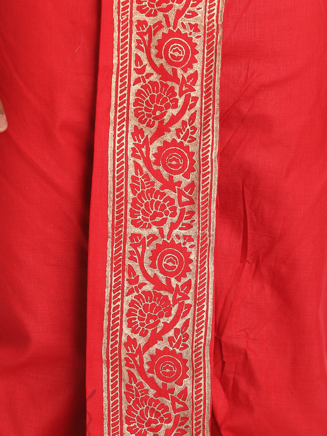 Nakshi Red Rayon Dhoti With Ethnic Handblock Print