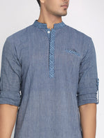 Load image into Gallery viewer, Nakshi Handloom Cotton Blue Striped Hand Block Collar Printed Long Kurta
