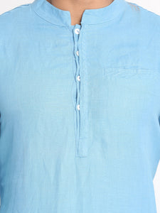Nakshi Sky Blue Solid Cotton Linen Long Kurta