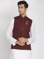 Load image into Gallery viewer, Nakshi Maroon Solid Woven Soft Nehru Jacket
