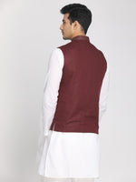 Load image into Gallery viewer, Nakshi Maroon Solid Woven Soft Nehru Jacket
