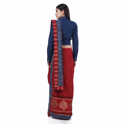 Nakshi Red Striped and Blue Ajrakh Zari Embroided Hand Block Printed Saree