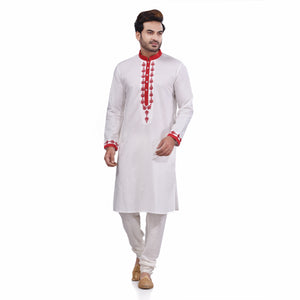 Nakshi White Cotton Linen Red Thread Embroidery Men's Long Kurta