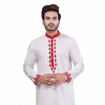 Load image into Gallery viewer, Nakshi White Cotton Linen Red Thread Embroidery Men&#39;s Long Kurta
