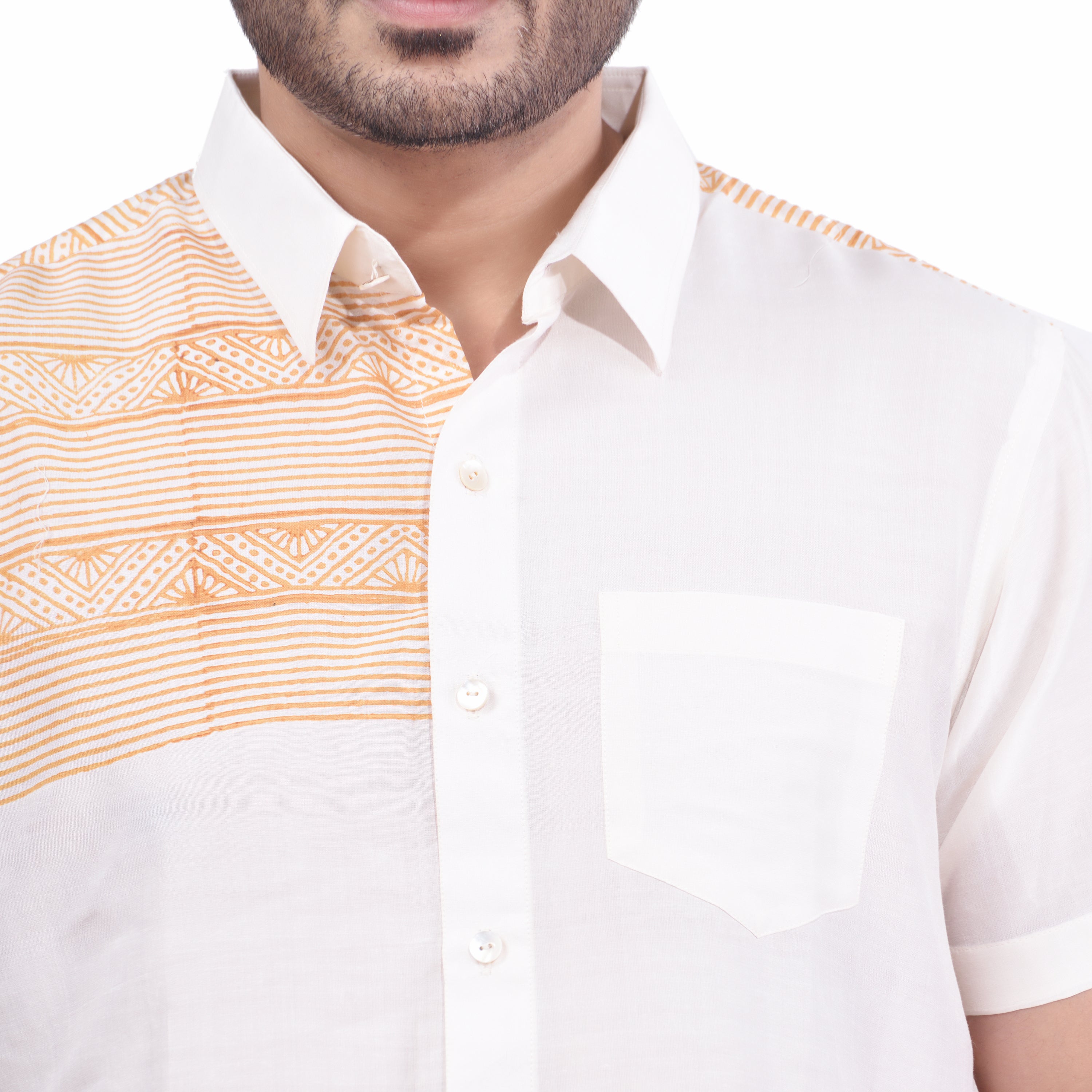 Nakshi White Tussar Cotton Hand Block Print Men's Half Shirt
