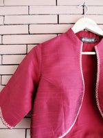 Load image into Gallery viewer, Nakshi Hand Embroided Maroon Coloured Dupion Silk Women&#39;s Bolero Jacket With Lining Details
