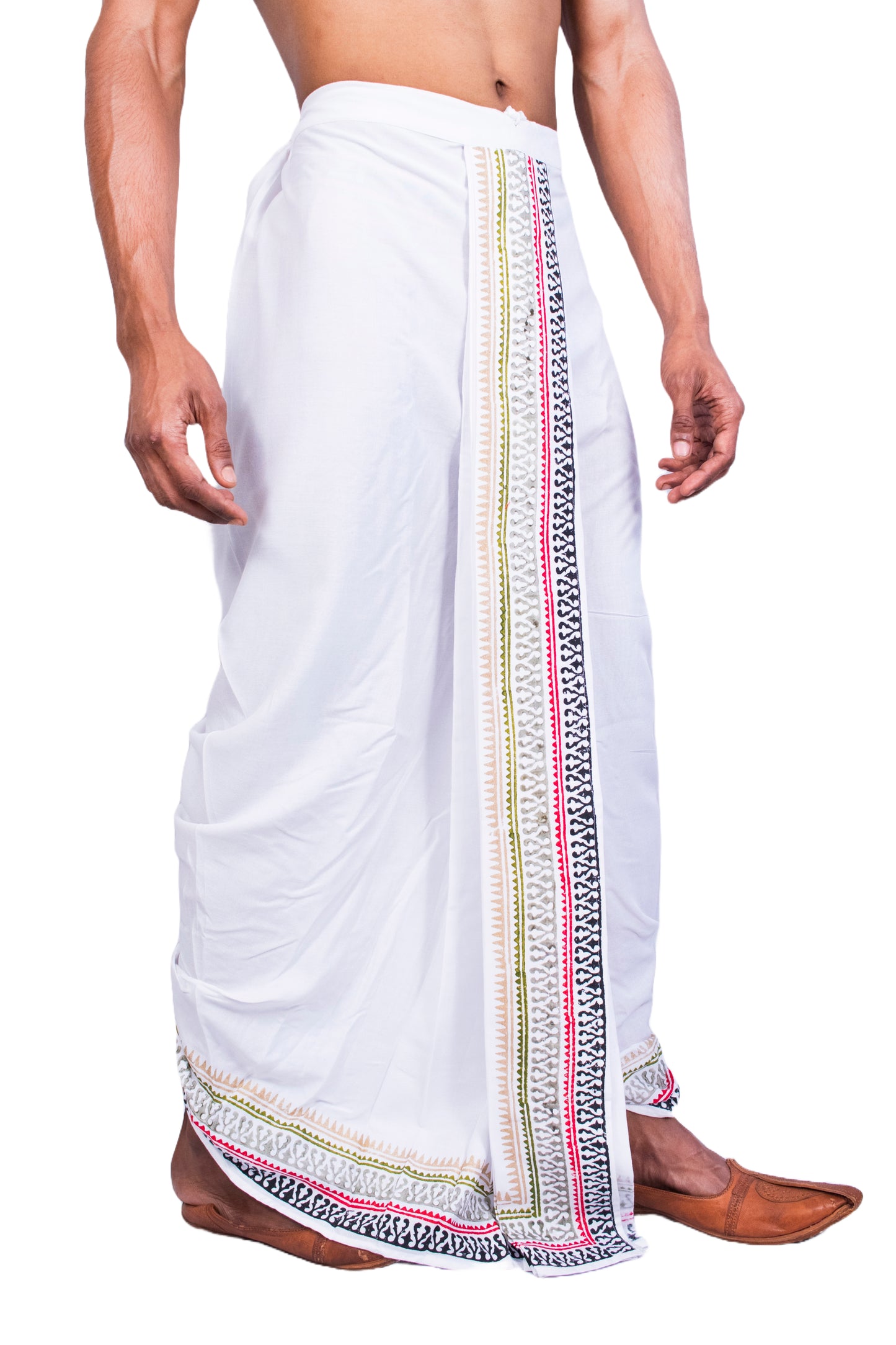 Nakshi Rayon 12336 White 100% Hand Block Print Dhoti For Men