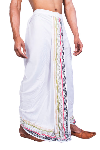 Nakshi Rayon 12336 White 100% Hand Block Print Dhoti For Men