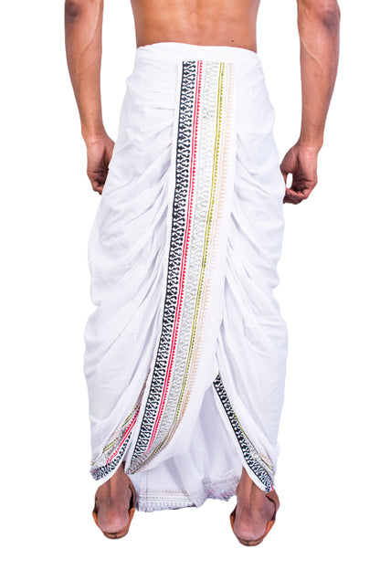 Nakshi Rayon 12336 White 100% Hand Block Print Dhoti For Men