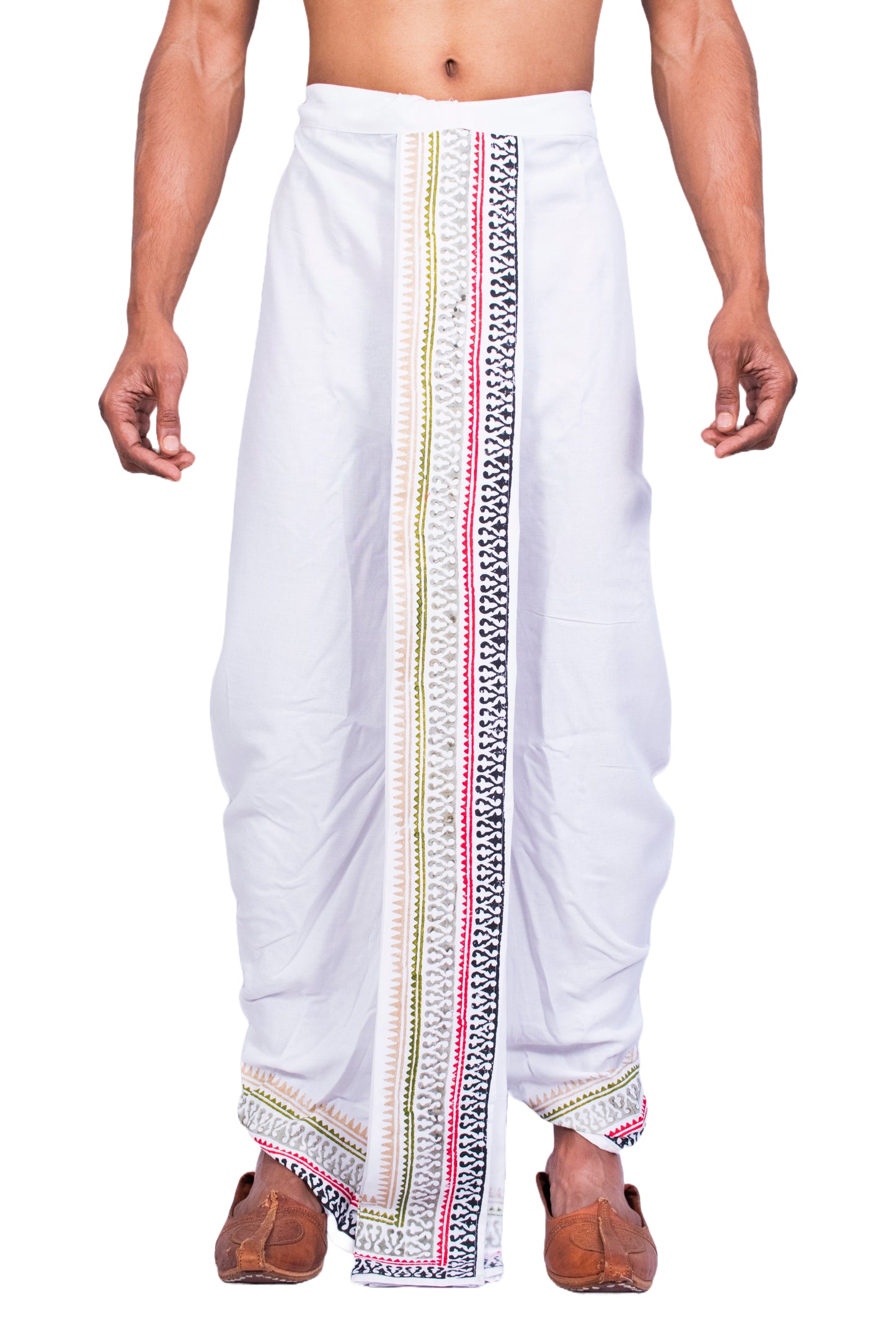 Nakshi Rayon 12336 White 100% Hand Block Print Dhoti For Men