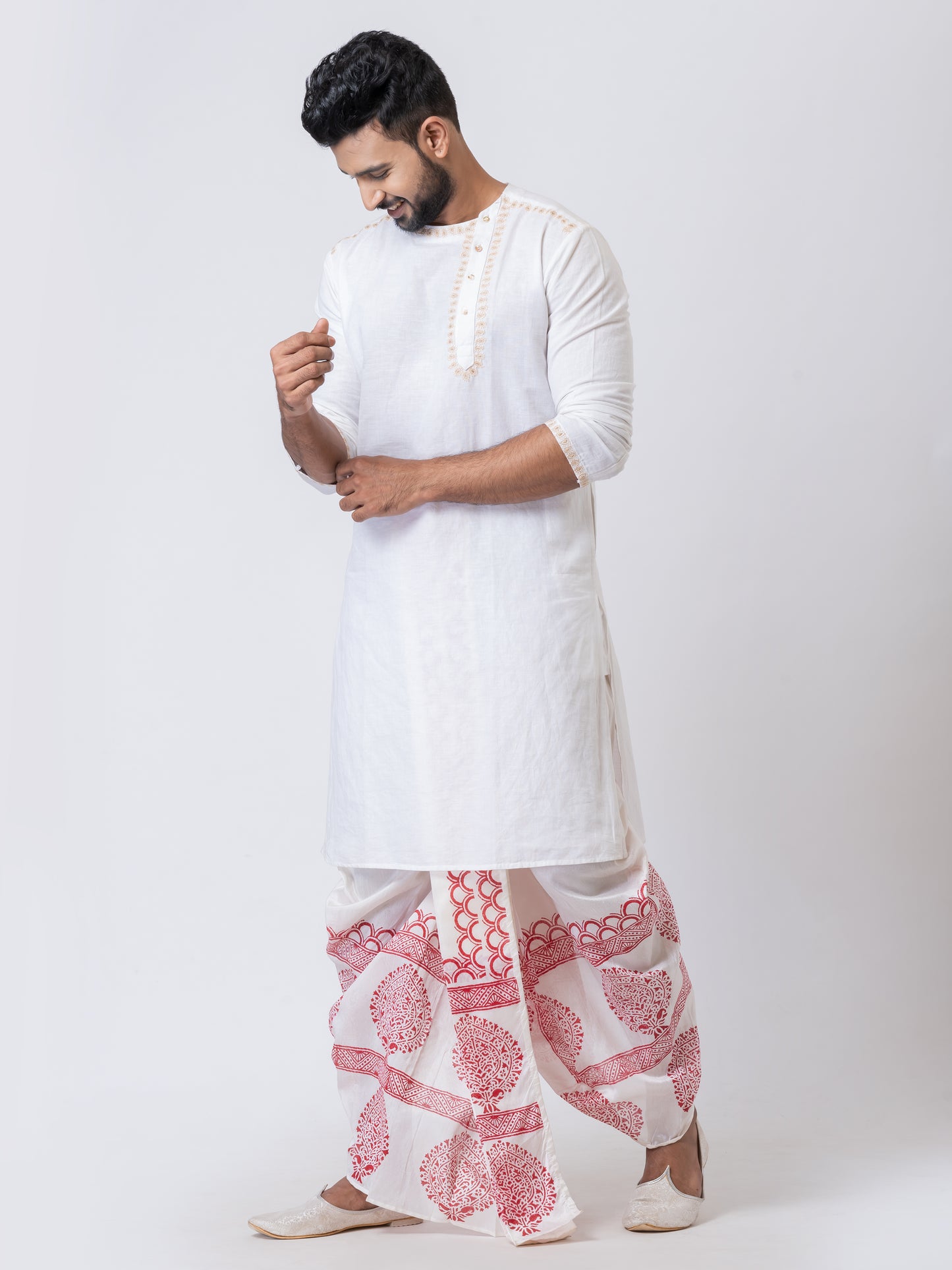 Nakshi White Dupion Floral Pattern Hand Block Print Free Size Dhoti For Men