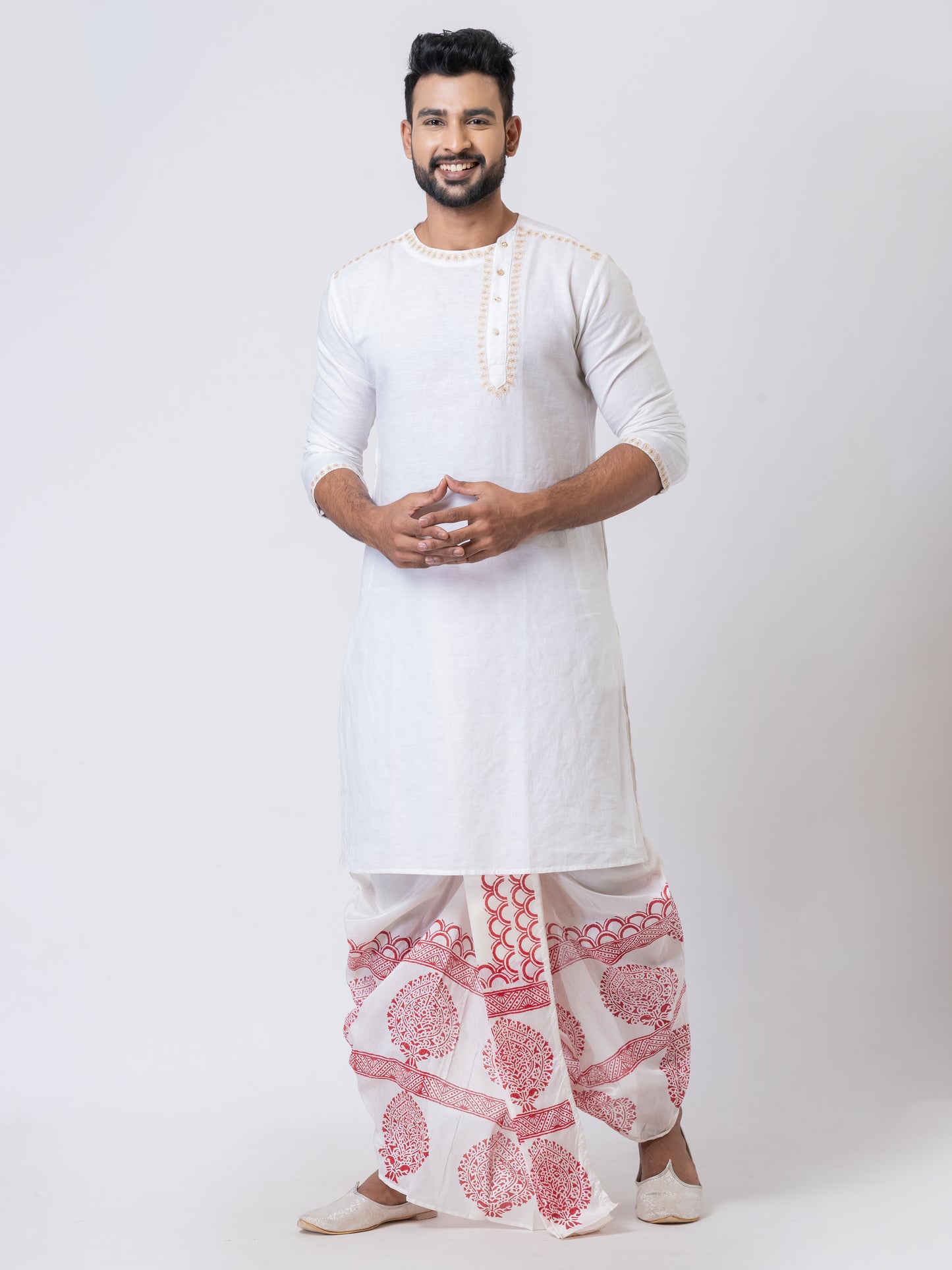 Nakshi White Dupion Floral Pattern Hand Block Print Free Size Dhoti For Men