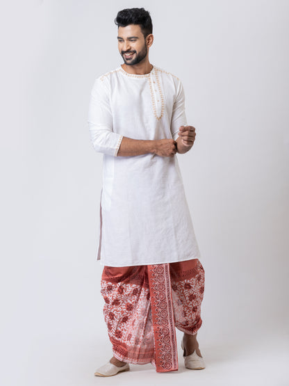 Nakshi Maroon Dupion Floral Pattern Hand Block Print Free Size Dhoti For Men