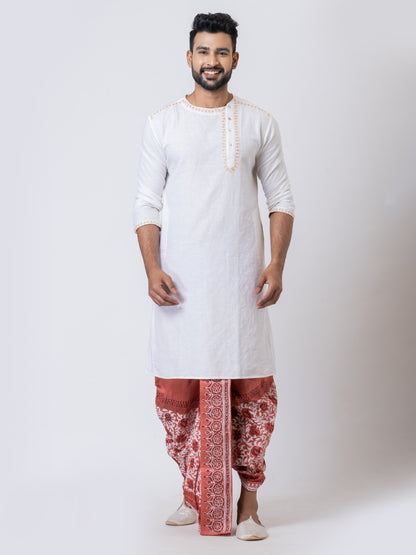 Nakshi Maroon Dupion Floral Pattern Hand Block Print Free Size Dhoti For Men