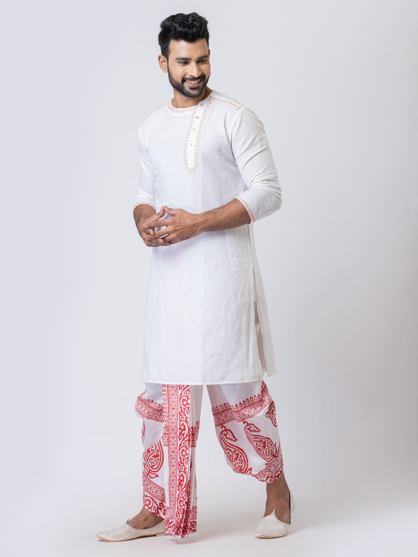 Nakshi White Dupion Floral Pattern Hand Block Print Dhoti For Men