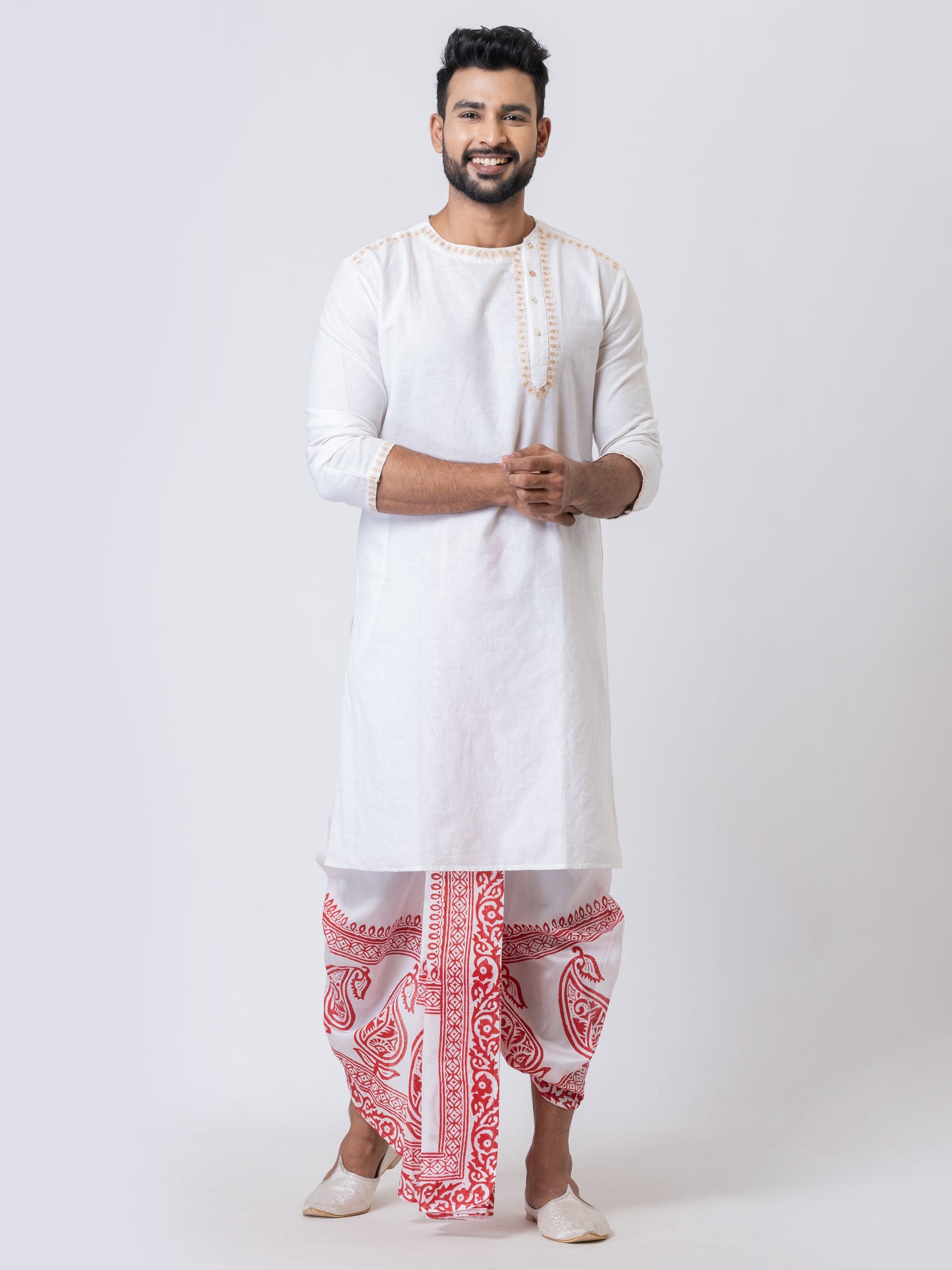 Nakshi White Dupion Floral Pattern Hand Block Print Dhoti For Men