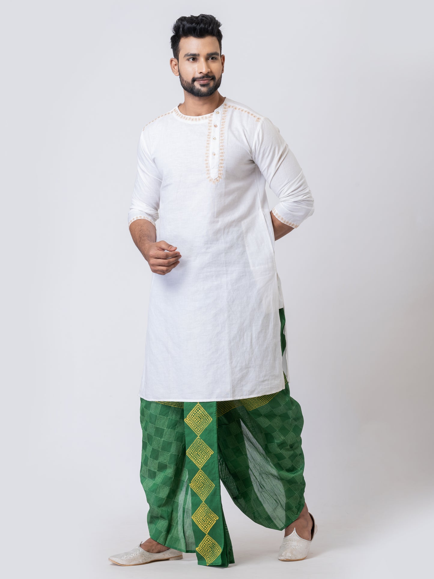 Nakshi Green Dupion Floral Pattern Hand Block Print Free Size Dhoti For Men