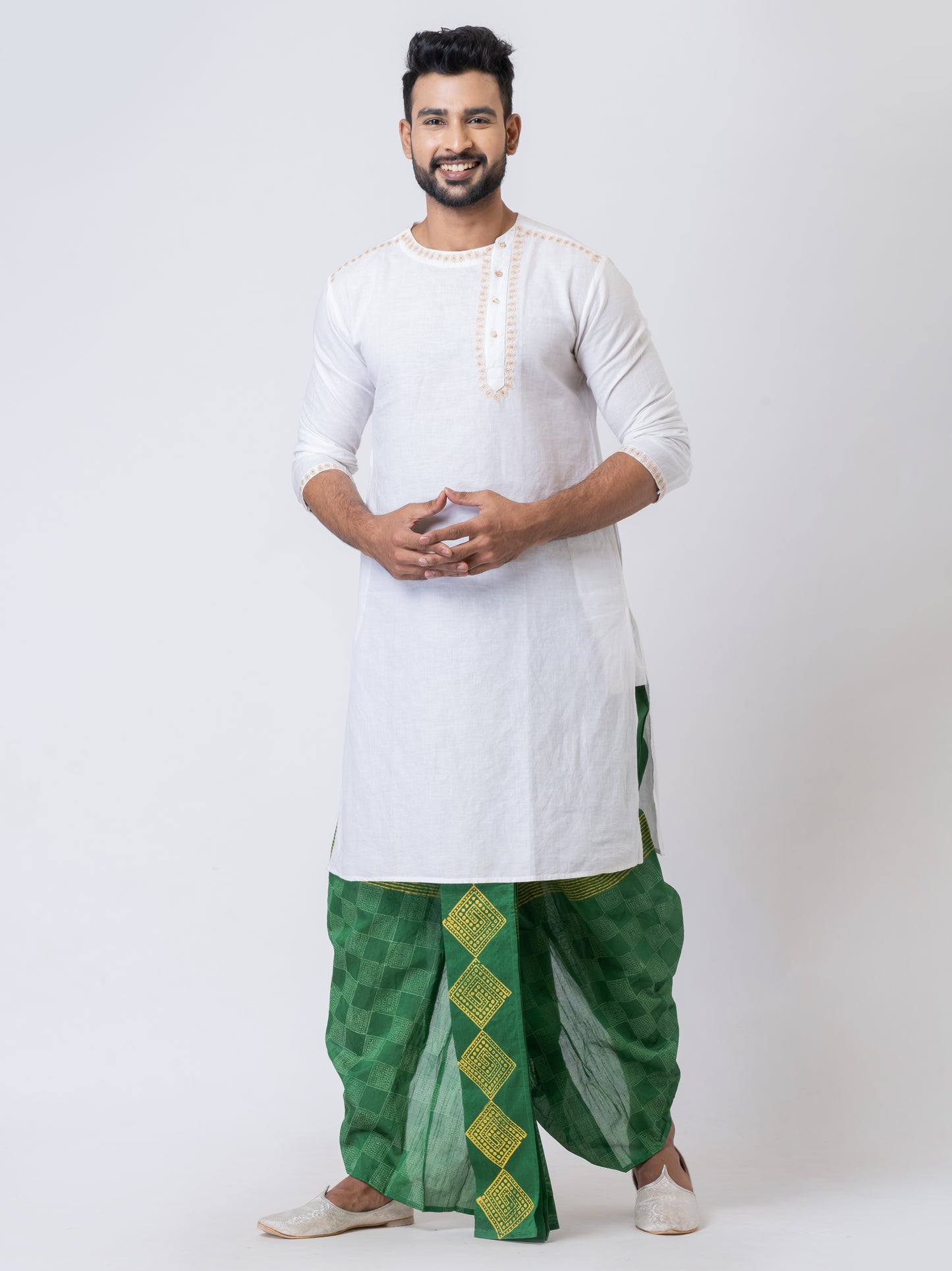 Nakshi Green Dupion Floral Pattern Hand Block Print Free Size Dhoti For Men