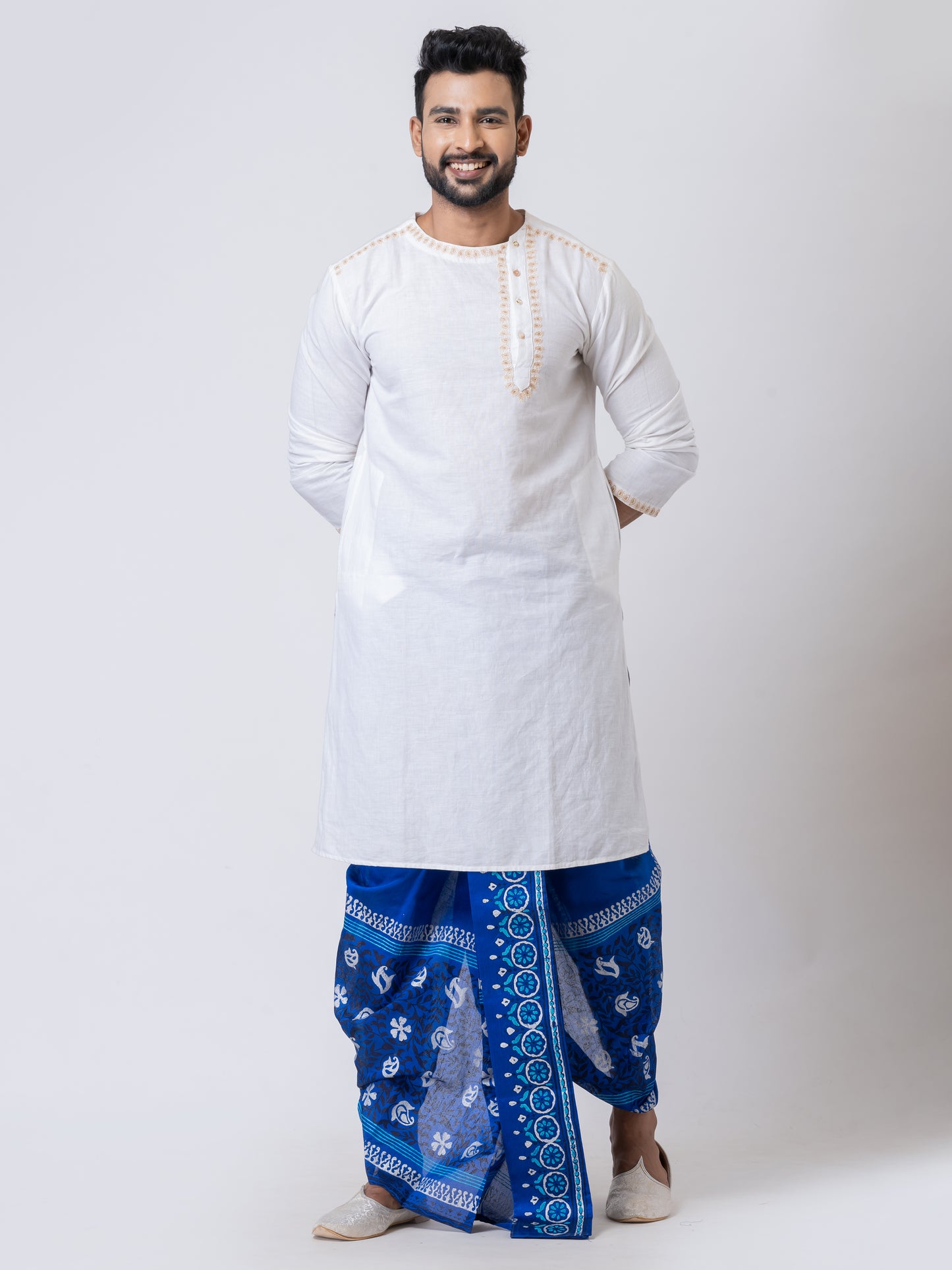 Nakshi Blue Dupion Floral Pattern Hand Block Print free Size Dhoti For Men