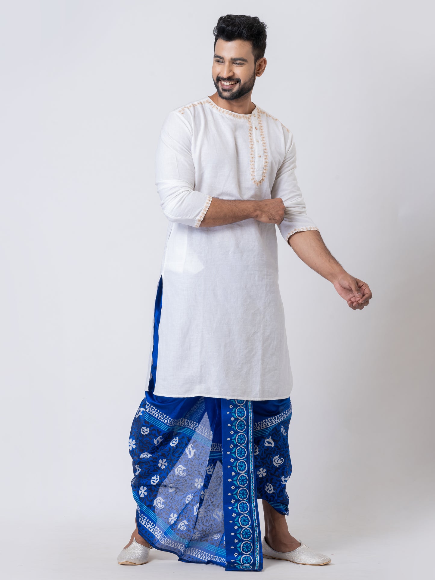 Nakshi Blue Dupion Floral Pattern Hand Block Print free Size Dhoti For Men