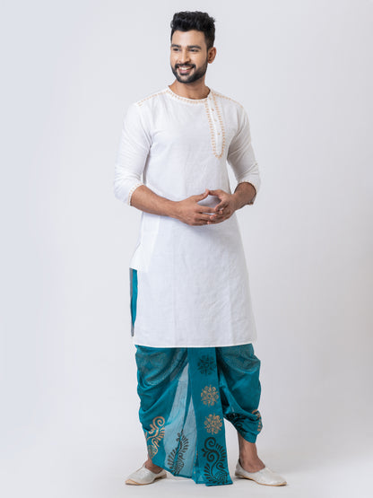 Nakshi Turquoise Dupion Floral Pattern Hand Block Print Free Size Dhoti For Men