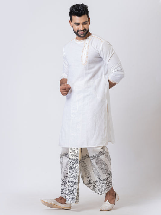 Nakshi White Dupion Floral Pattern Hand Block Print Free Size Dhoti For Men