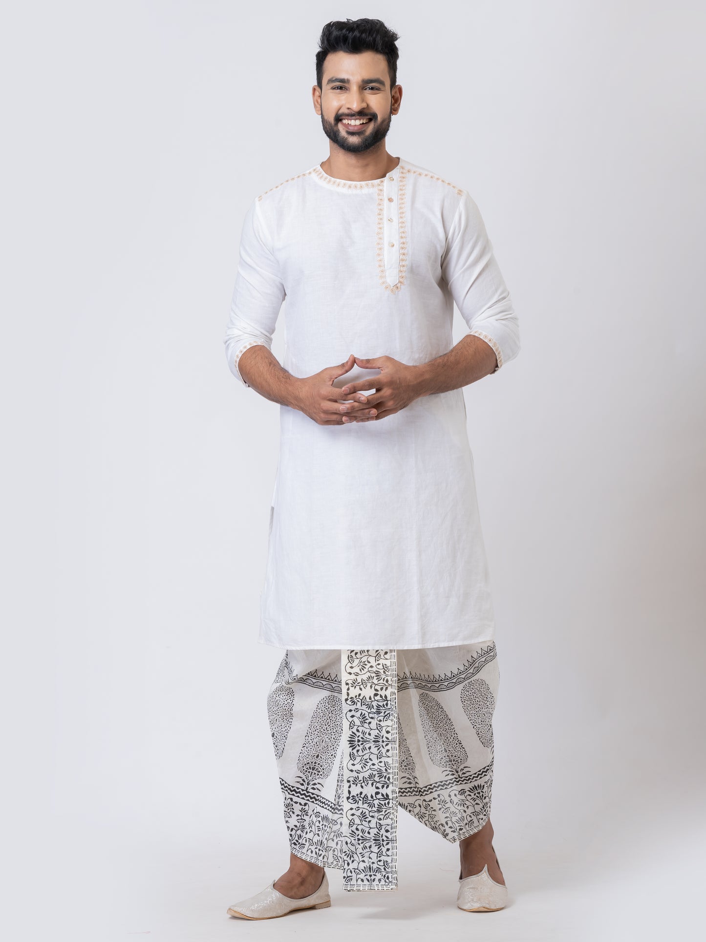 Nakshi White Dupion Floral Pattern Hand Block Print Free Size Dhoti For Men