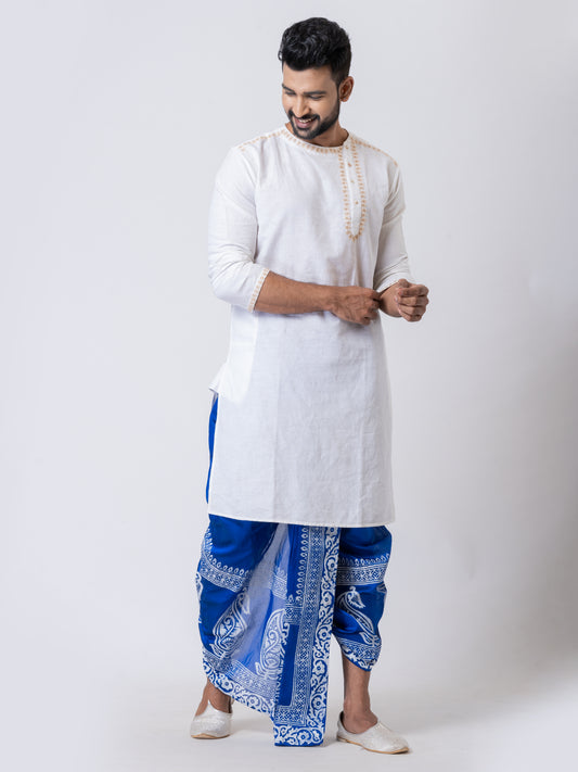 Nakshi Blue Dupion Floral Pattern Hand Block Print Free Size Dhoti For Men