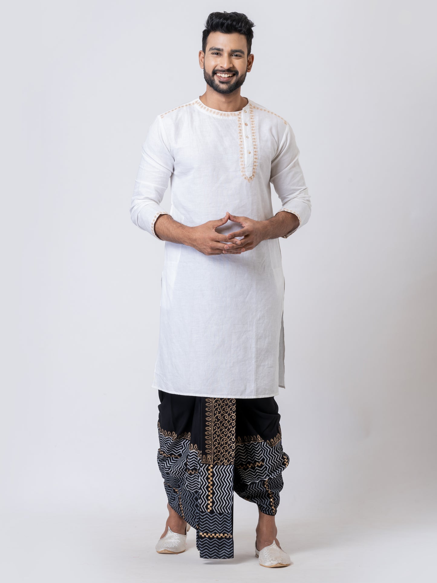 Nakshi Black Rayon Floral Pattern Hand Block Print Dhoti for Men