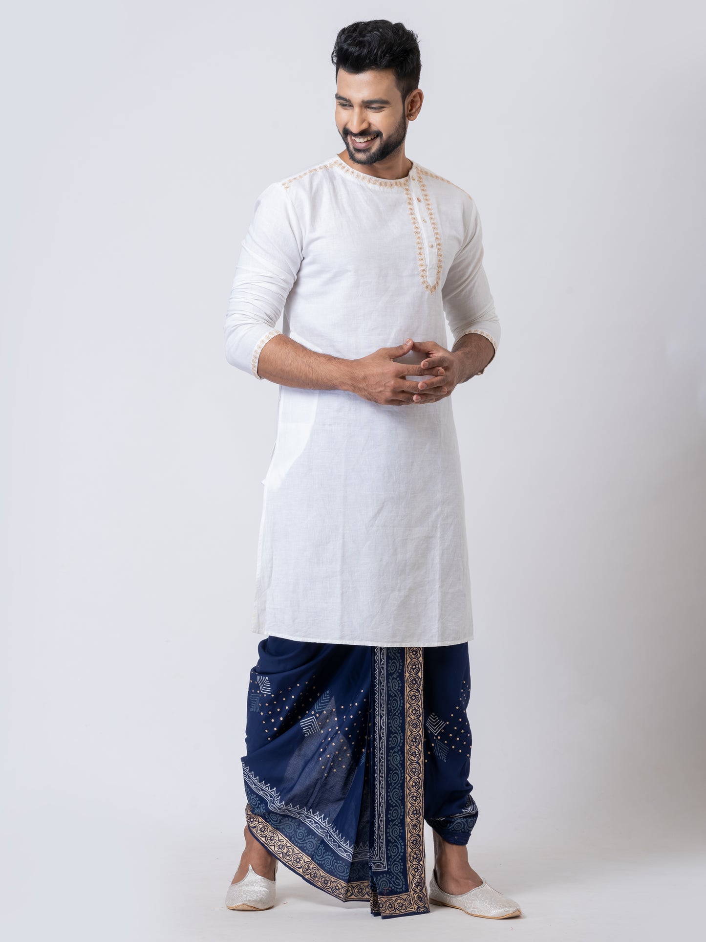 Nakshi Rayon 12330 Navy Blue 100% Hand Block Print Dhoti For Men