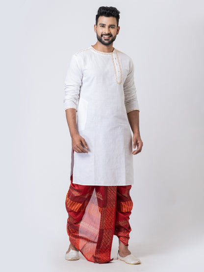 Nakshi Maroon Dupion Floral Pattern Hand Block Print Dhoti For Men