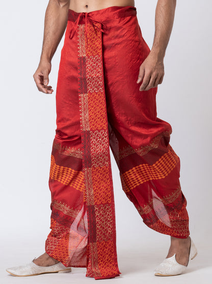 Nakshi Maroon Dupion Floral Pattern Hand Block Print Dhoti For Men