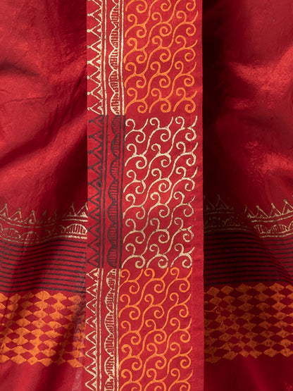 Nakshi Maroon Dupion Floral Pattern Hand Block Print Dhoti For Men