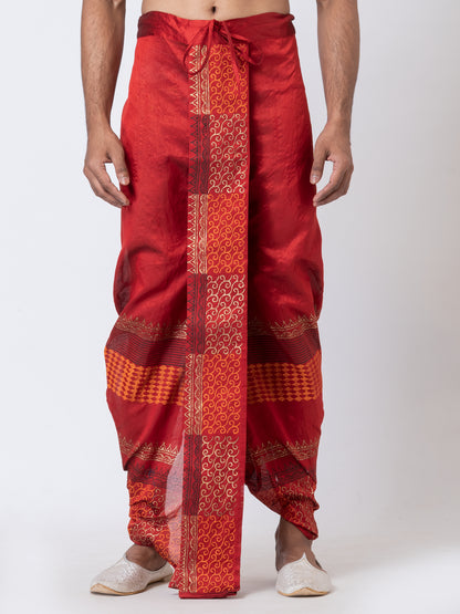 Nakshi Maroon Dupion Floral Pattern Hand Block Print Dhoti For Men