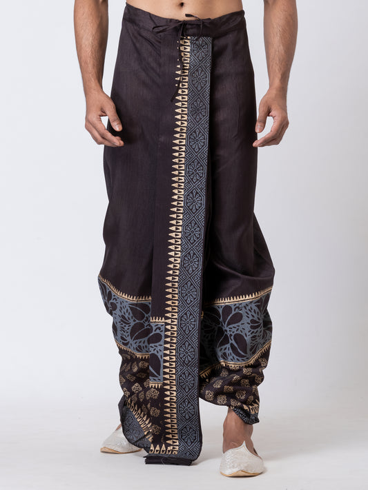 Nakshi Black Dupion Floral Pattern Hand Block Print Free Size Dhoti For Men