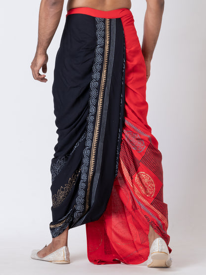 Nakshi Red Black Combo Rayon Floral Pattern Hand Block Print Dhoti